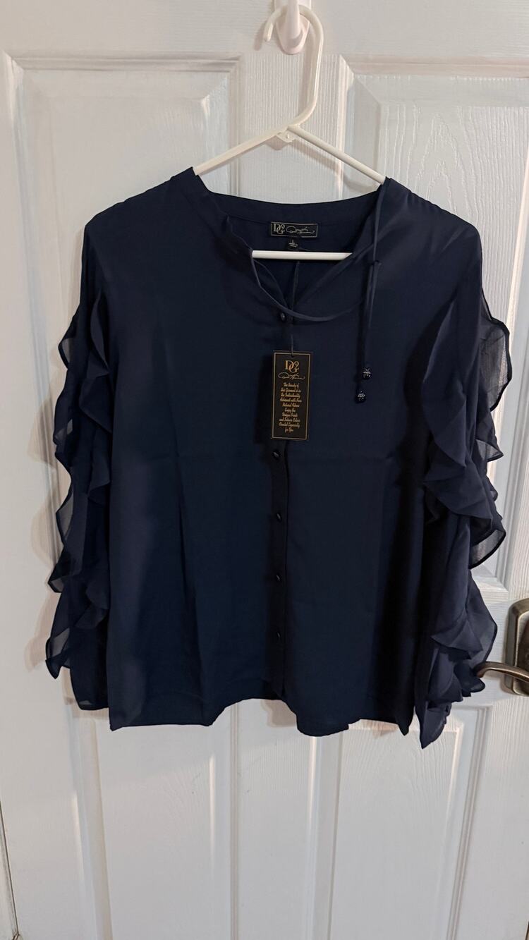 DG2 by Diane Gilman Navy Chiffon Ruffle Sleeve Blouse Med NWT
